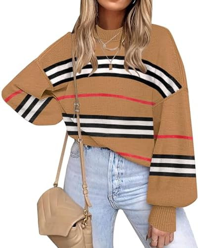 ETCYY Womens Sweaters Fall 2025 Batwing Long Sleeve Side Slit Knit Tops Crew Neck Striped Oversiz... | Amazon (US)