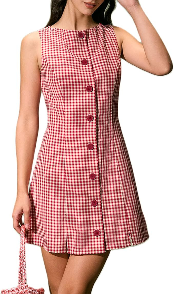 Women Summer Mini Plaid Tank Dress Sleeveless Round Neck Button Up Bodycon Cocktail Party Dress | Amazon (US)