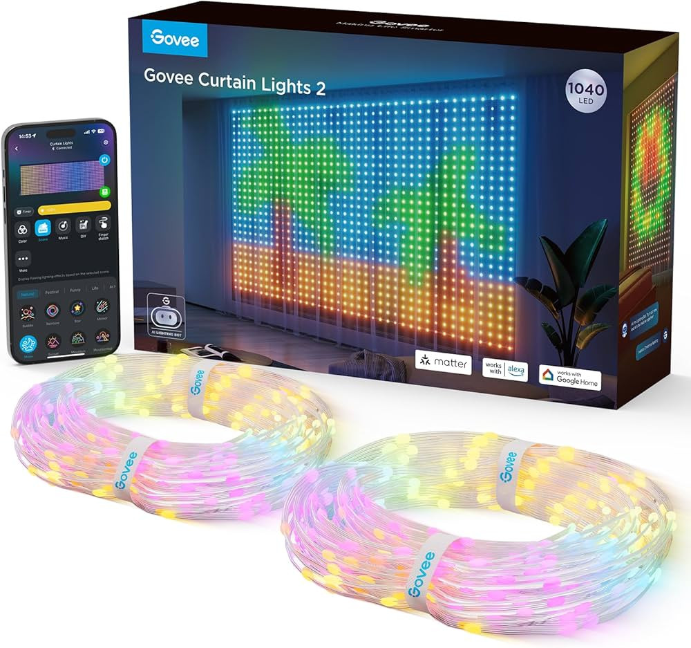 Govee Curtain Lights 2, Smart LED Curtain Lights with DIY GIF AIGC, 1040 LEDs, RGBIC Color Changing Halloween Lights for Bedroom Window Christmas Dynamic Decor, Outdoor IP65 Waterproof, 9.8×6.6ft | Amazon (US)