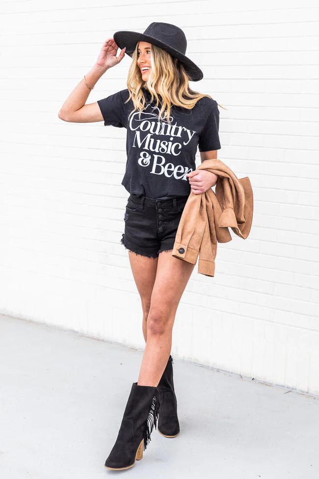 Country Music And Beer Black Graphic Tee | Pink Lily