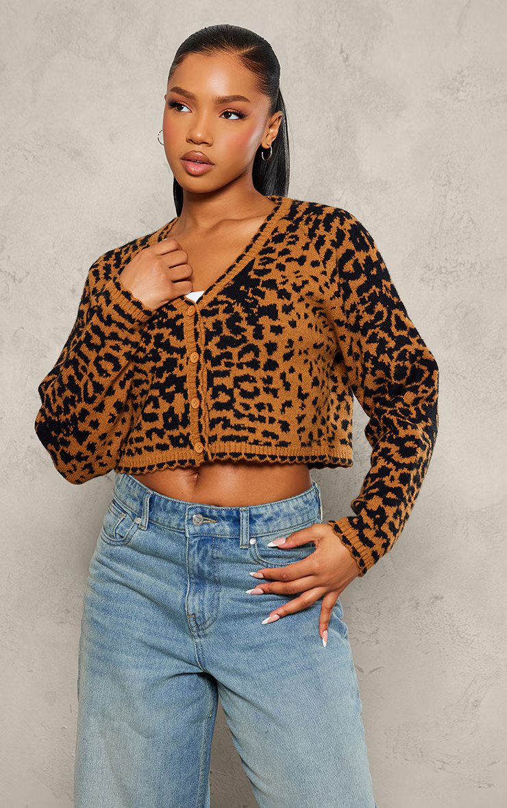 Beige Knit Jacquard Leopard Cropped Cardigan | PrettyLittleThing US