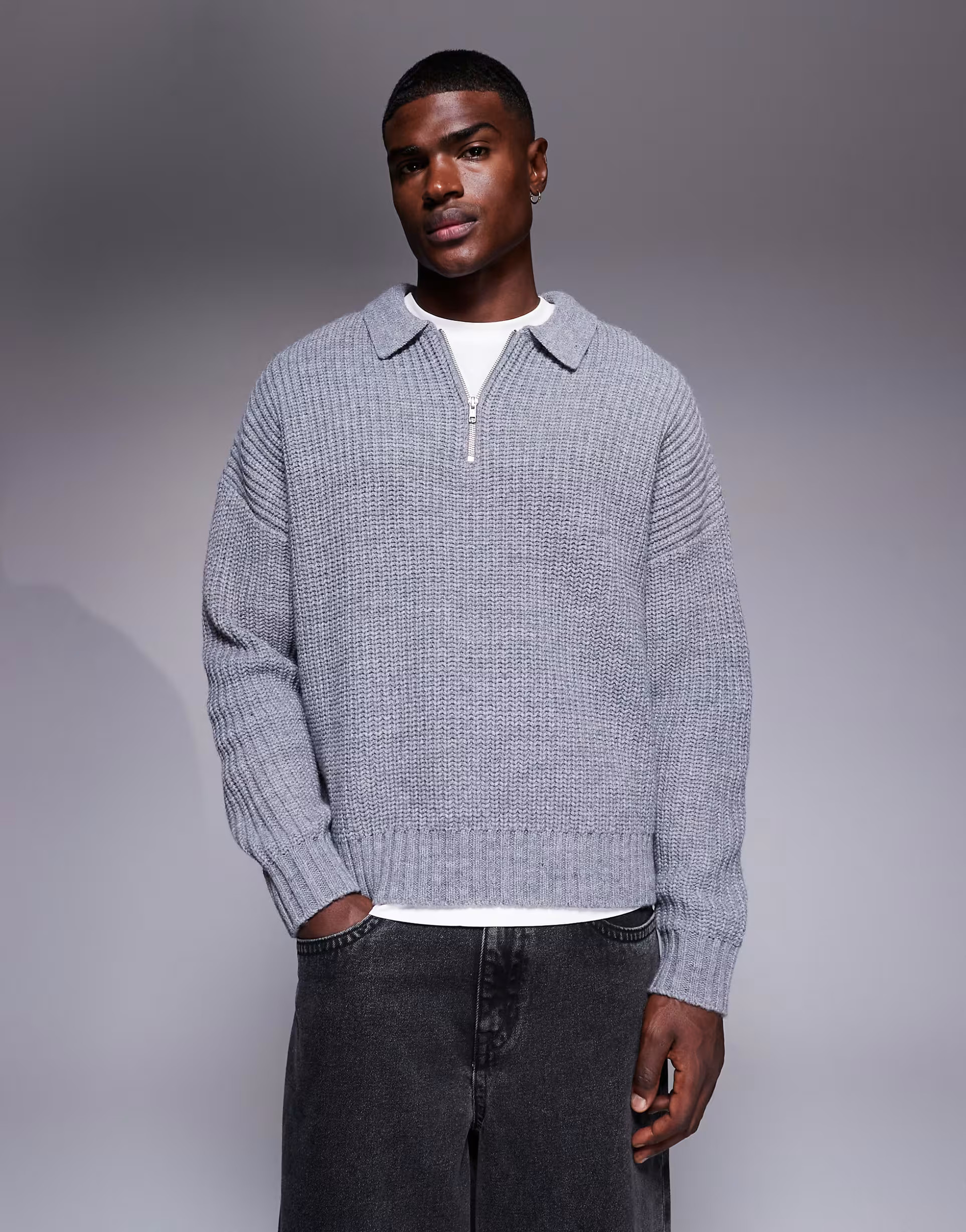 ASOS DESIGN oversized boxy fit heavyweight knitted wool blend quarter zip jumper in grey marl | A... | ASOS (Global)