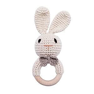 Wooden Baby Rattle Lovely Crochet Bunny Ring Rattle Baby Toys,Beige Bunny | Amazon (US)