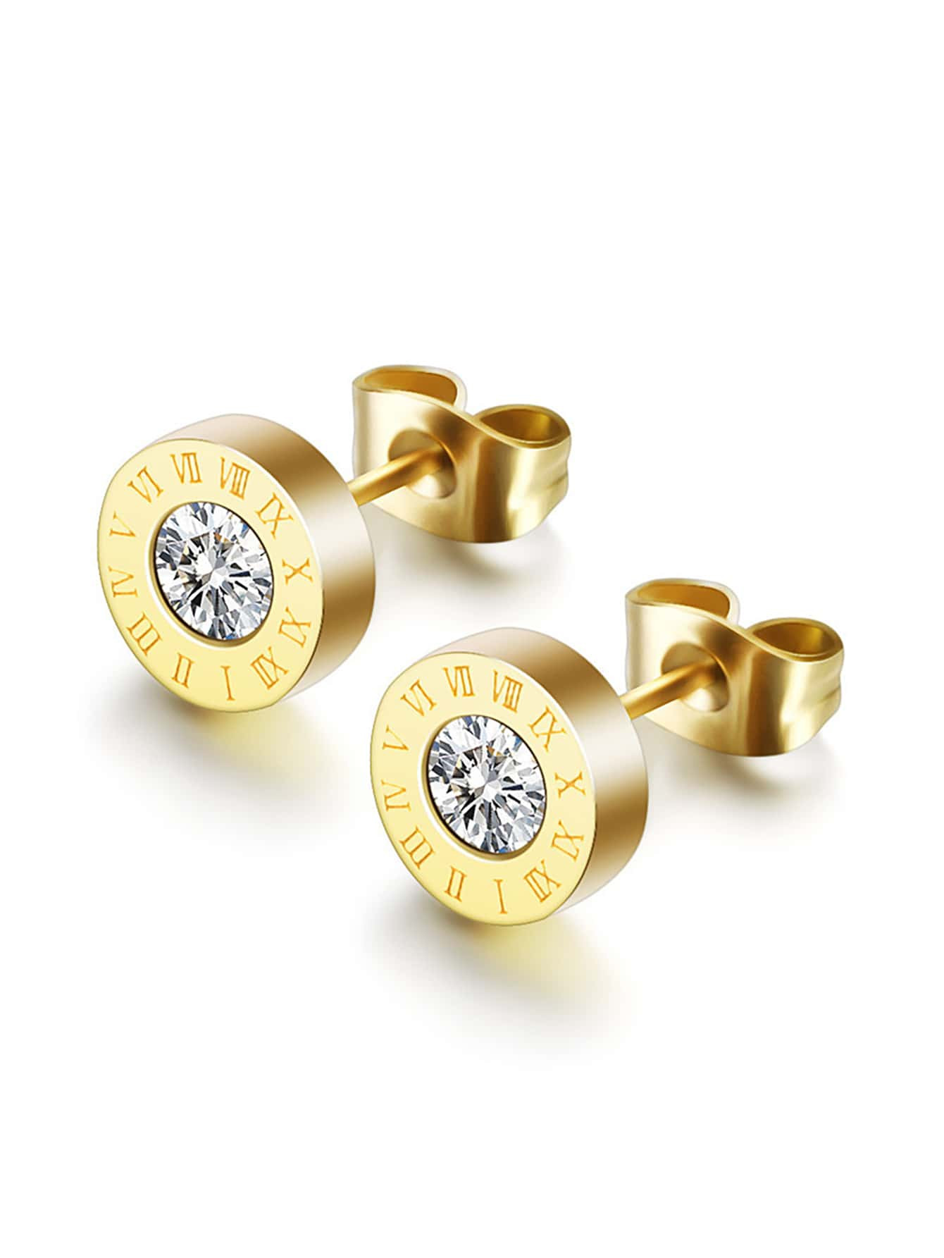 1pair Fashion Stainless Steel Rhinestone Decor Roman Numeral Detail Round Stud Earrings For Men F... | SHEIN