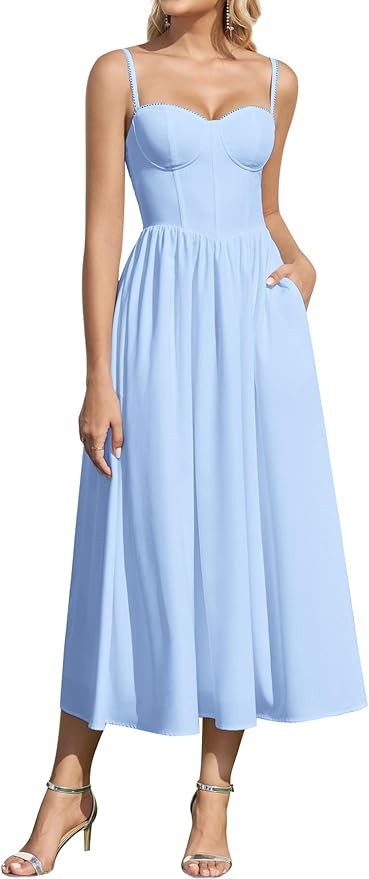 Parthea Summer Floral Corset Midi Dress Lace Spaghetti Straps Flowy A Line Casual Wedding Guest D... | Amazon (US)