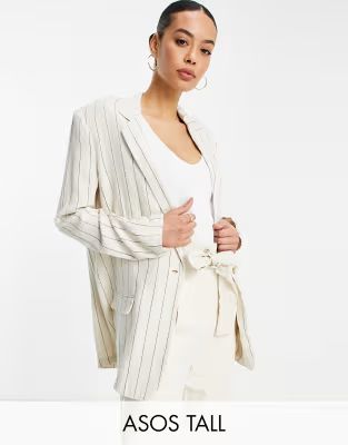 ASOS DESIGN Tall washed single breasted 3 piece linen suit blazer in stripe | ASOS (Global)