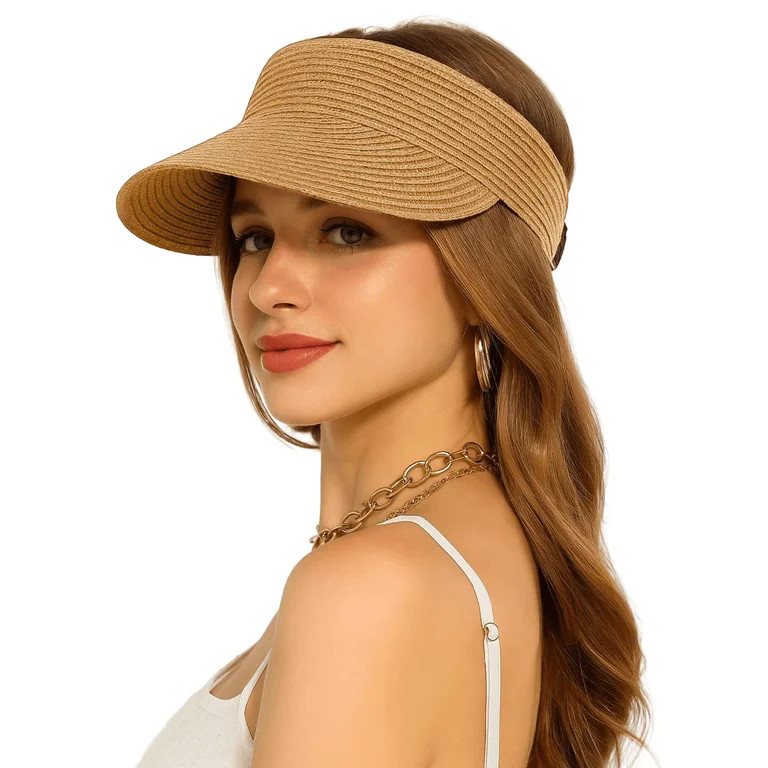 Sun Hats for Women, Foldable Floppy Straw Sun Visor Hats, Ponytail Beach Hats for Women, Wide Bri... | Walmart (US)