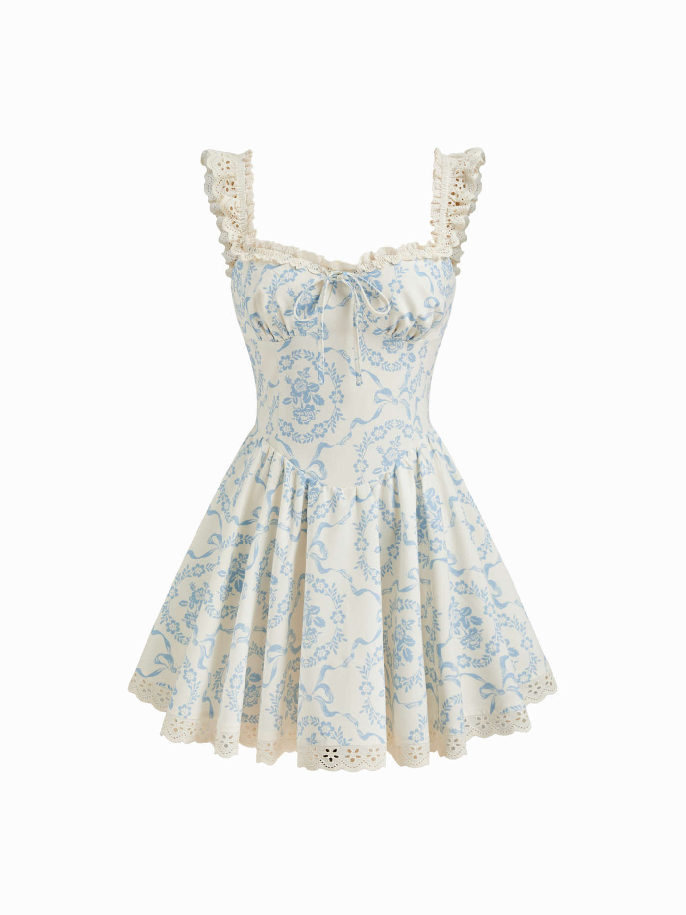 Linen-blend Sweetheart Neck Broderie Anglaise Floral Lettuce Trim Mini Dress | Cider
