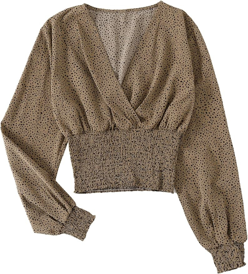 LYANER Women's V Neck Shirred Polka Dots Long Sleeve Frill Crop Blouse Shirt Tops | Amazon (US)