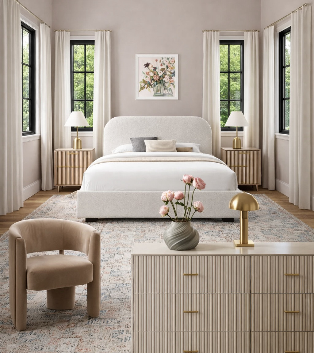 @Wayfair Neutral Spring-inspired bedroom. Beige upholstered queen bed, affordable dresser and nightstands from Wayfair, accent chair, gorgeous vase, vintage rug, art from Minted. #homedecor #bedroomideas.

#LTKSeasonal #LTKHome