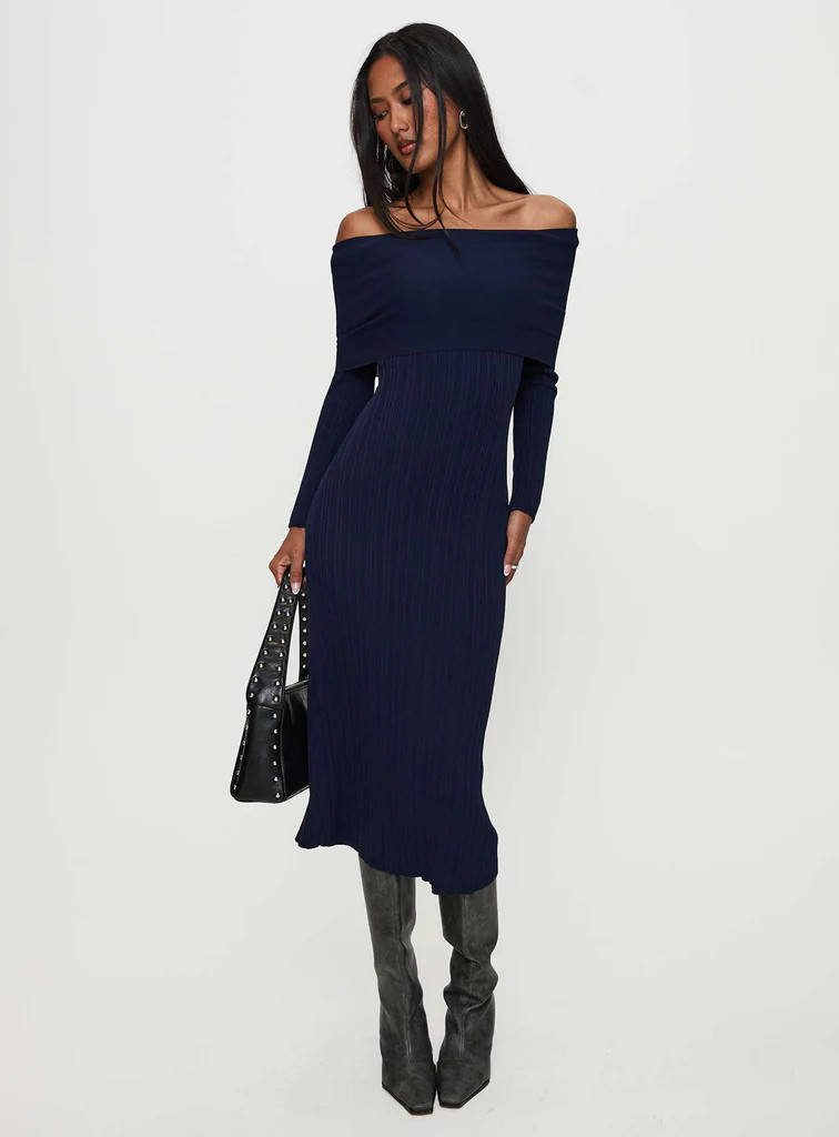Flisse Long Sleeve Rib Maxi Dress Navy | Princess Polly US
