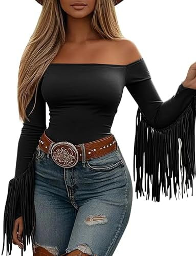 Fringe Tops for Women Western Cowgirl Off The Shoulder Fall Long Sleeve with Tassels Stretchy Cro... | Amazon (US)