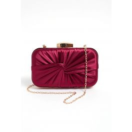 Ruched Knotted Satin Clutch in Burgundy | Chicwish