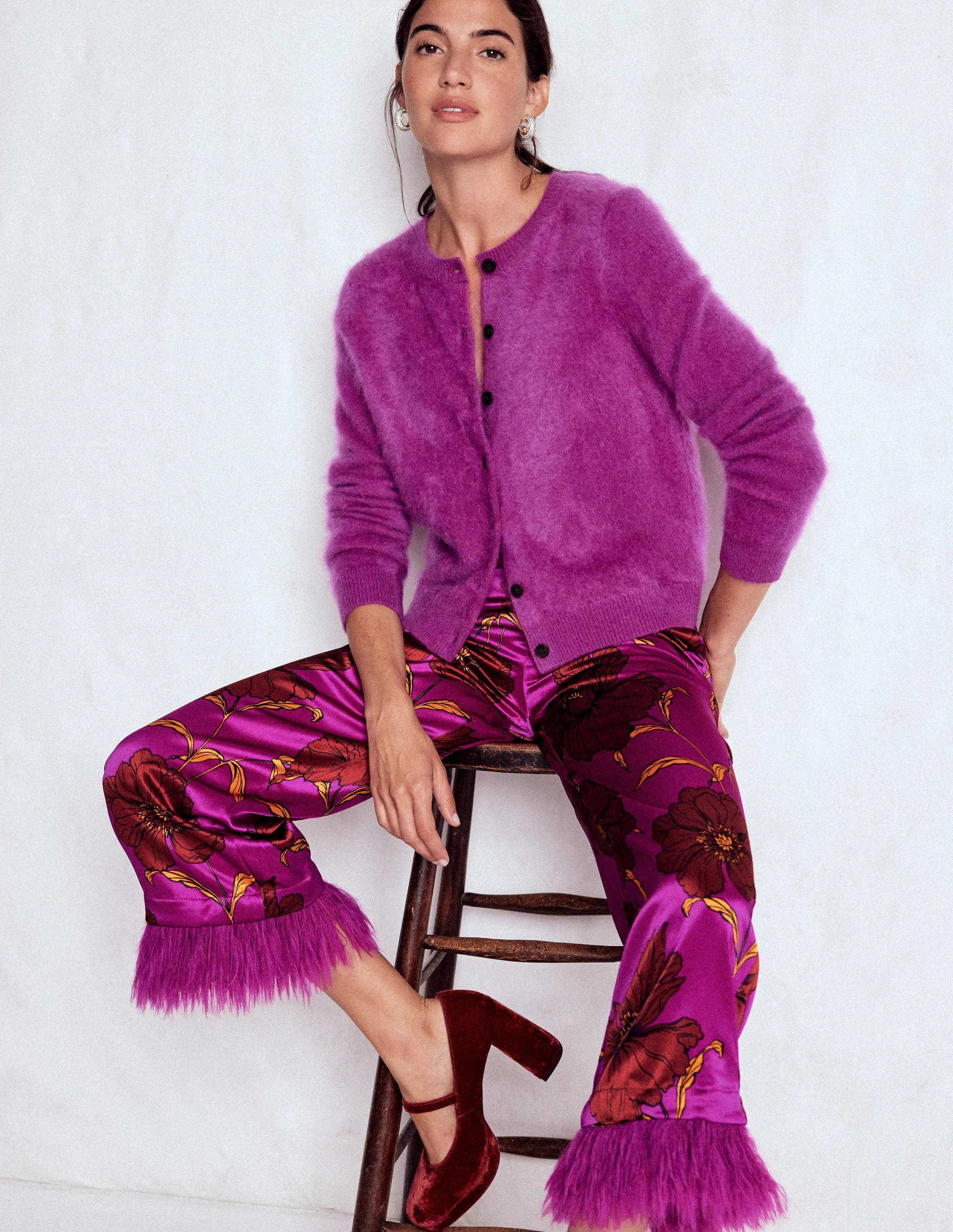 Faux Feather Trim Pants-Regal Purple, Peony Bloom | Boden (US)