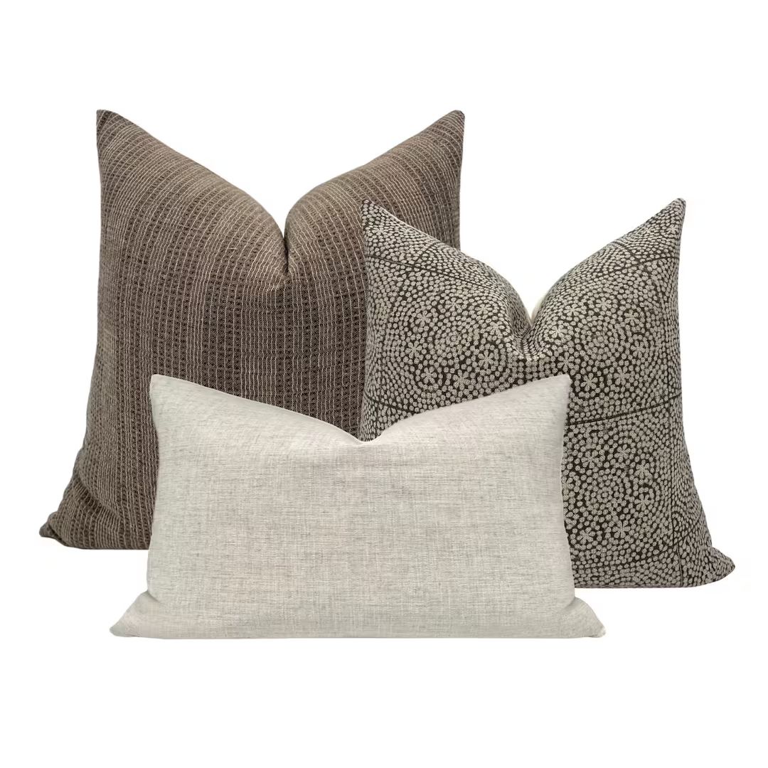 PILLOW COMBO Set of Three Designer Pillow Covers, Dark Brown Striped Pillow, Black Block Print Li... | Etsy (US)