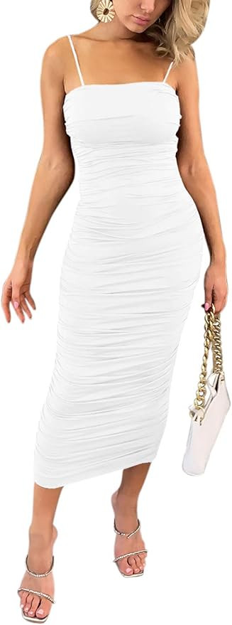Yissang Women's Sexy Ruched Spaghetti Strap Sleeveless Bodycon Midi Long Party Club Dress | Amazon (US)