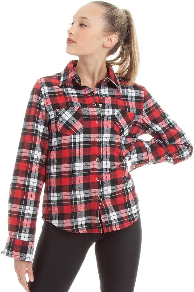 Red Plaid Flannel Long Sleeve Button Down Shirt Hip Hop Women's | Amazon (US)