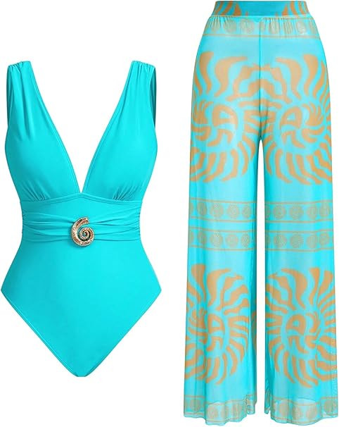 Milumia Women's Metal Deep V Neck One Piece Swimsuit with Printed Beach Pants Cover Up | Amazon (US)