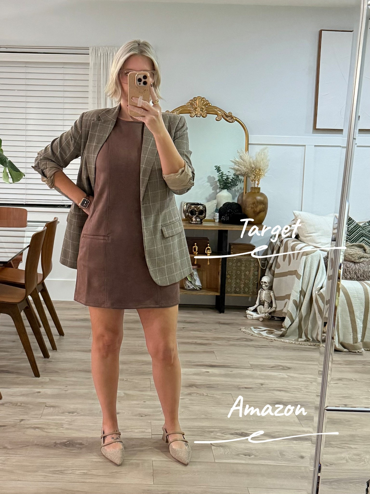 I absolutely love this faux suede shift dress from Target. It comes in a nude/pink color as well. I’m wearing an 8 and it fits tts. 

This blazer is old from Target. I’ve found it on Poshmark so I’ll link those and other similar options. 

These block heels are from Amazon! The material is a knit type of cloth with a slight sparkle which is super fun and unique! I sized down to a 7.5

Workwear, fall outfits, fall dresses, brown dress, 

#LTKFindsUnder50 #LTKOver40 #LTKStyleTip