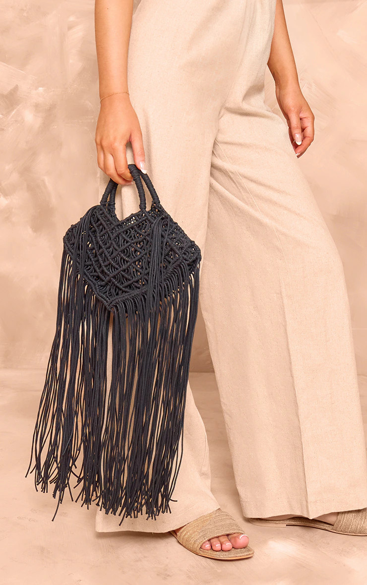 Black Tassel Macrame Beach Bag | Accessories | PrettyLittleThing US