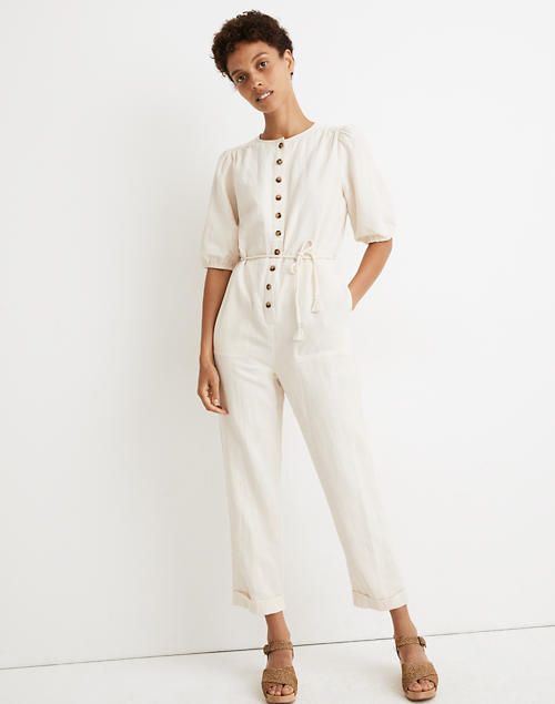 Linen-Blend Puff-Sleeve Tassel-Tie Jumpsuit | Madewell