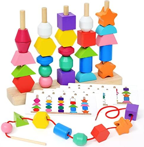 Atoylink Wooden Lacing Beads Sequencing Set Threading Toys for Toddlers Shape Sorter String Beads wi | Amazon (US)