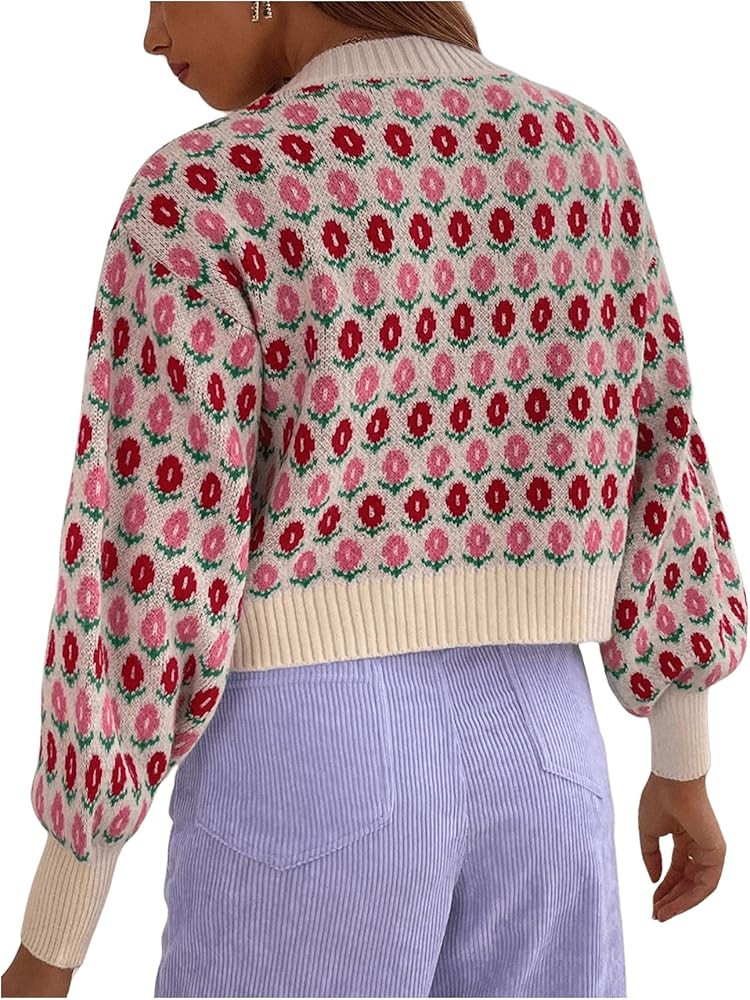 WDIRARA Women's Floral Button Down Ribbed Knit Crew Neck Cropped Cardigan Sweater | Amazon (US)