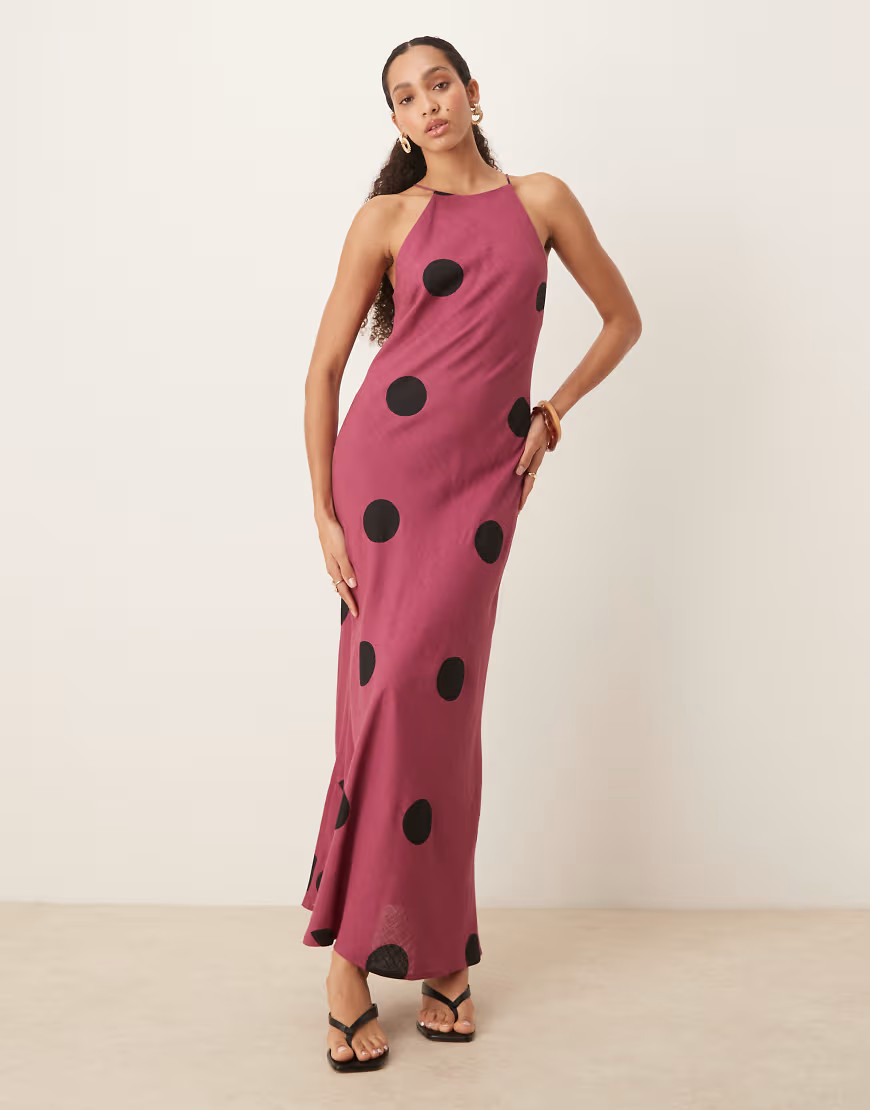 ASOS DESIGN linen blend racer neck maxi sundress in purple polka dot-Multi | ASOS (Global)