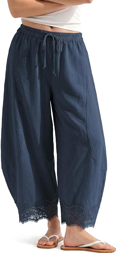 TARSE Womens Linen Wide Leg Cropped Lace Trim Pants | Amazon (US)