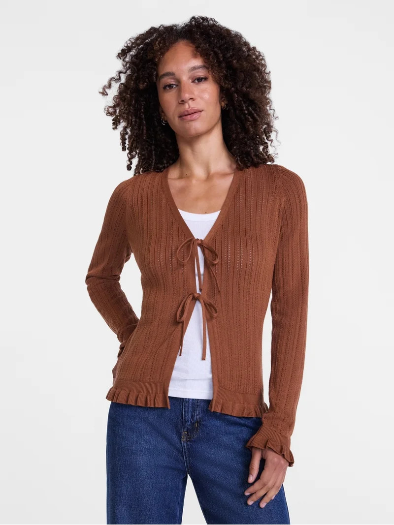 Scenario Women's Eyelet Tie Front Cardigan, Lightweight, Sizes XS-XXXL | Walmart (US)
