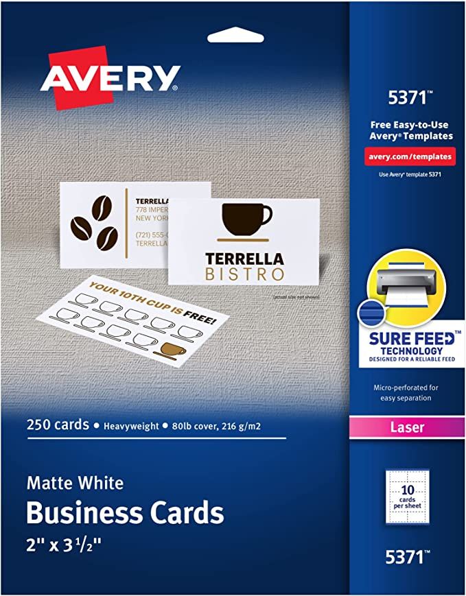 Avery Printable Business Cards, Laser Printers, 250 Cards, 2 x 3.5 (5371) | Amazon (US)