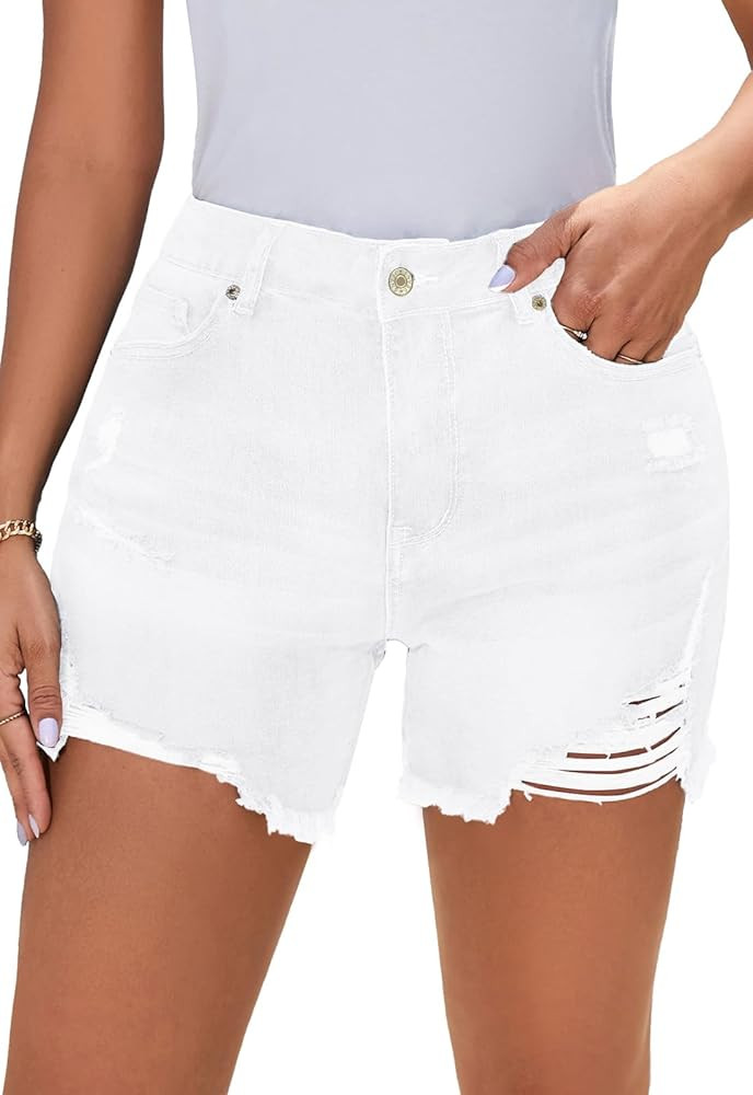 Metietila Casual Summer High Rise Denim Shorts Stretch Raw Hem Jean Shorts for Women | Amazon (US)
