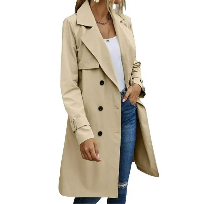 Frobukio Women Double Breasted Long Trench Coat, Classic Lapel Long Autumn Jacket Windproof Overc... | Walmart (US)