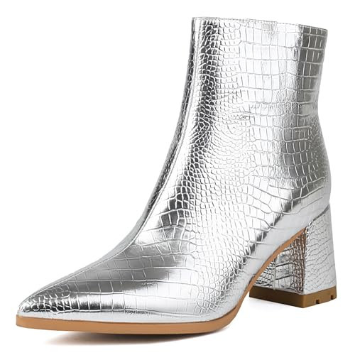 XIANGZU Women's Silver Boots Metallic Pointed Toe Block Chunky Heel Ankle Booties (9.5, Silver A) | Amazon (US)