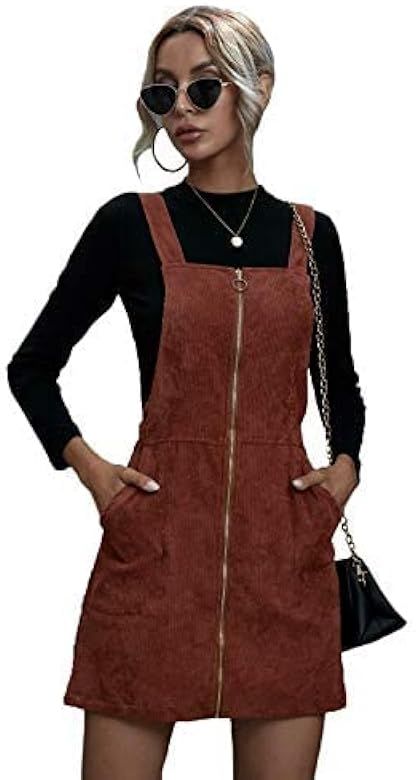 Floerns Women's Corduroy Button Down Pinafore Overall Dress with Pockets | Amazon (US)