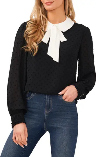 Bow Collar Long Sleeve Clip Dot Blouse | Nordstrom