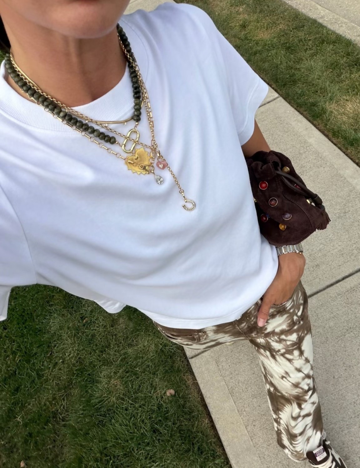 0 in jeans- I got them half off and cut the length at home! Small tee! Bag is old Veronica Beard