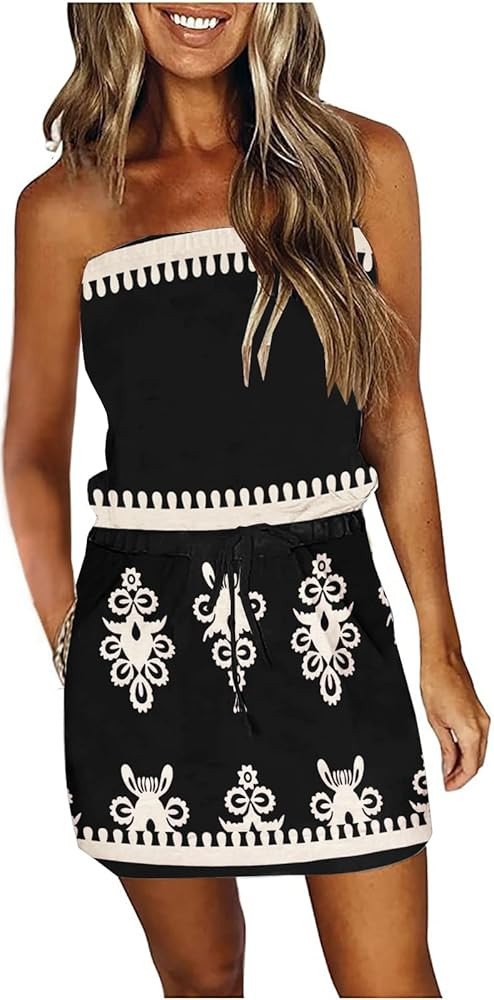 Summer Dress for Women Strapless Beach Cover Ups Boho Sundress Mini Dress Drawstring Waist with P... | Amazon (US)
