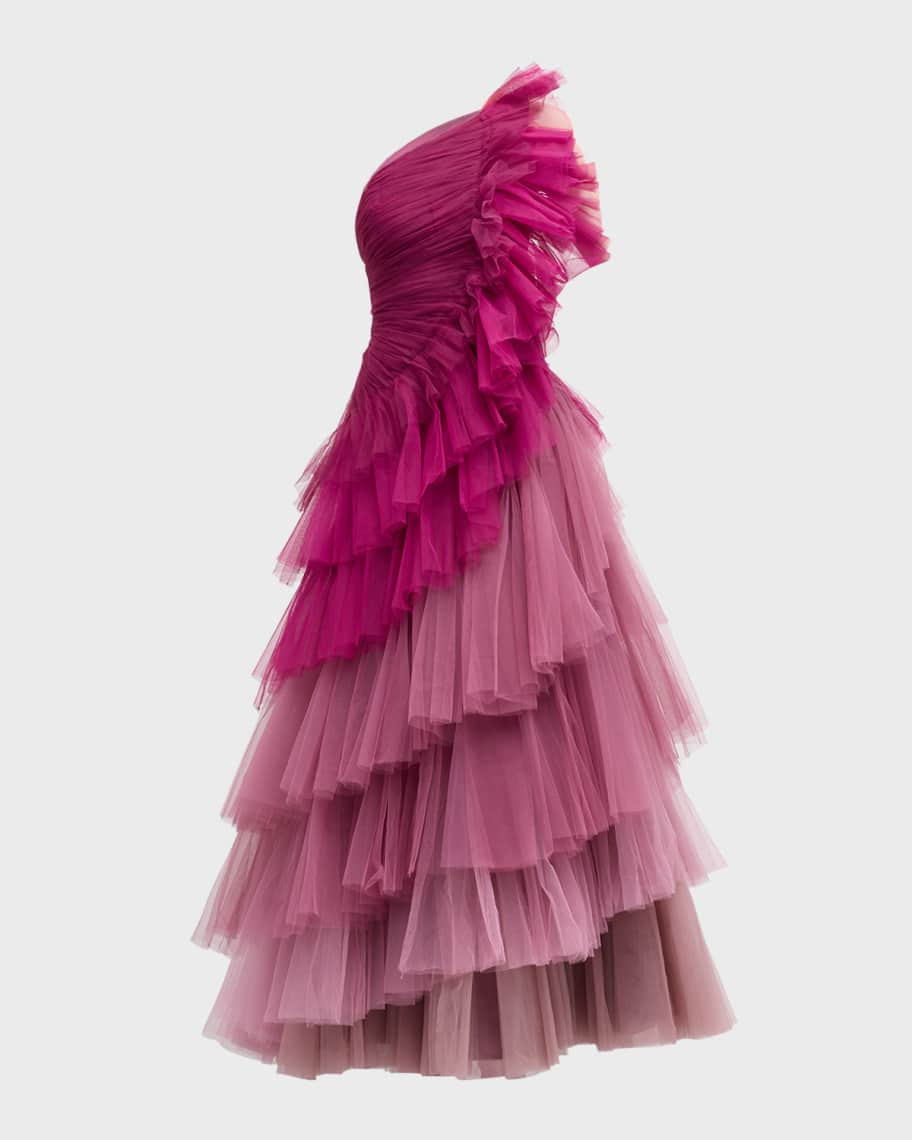 One-Shoulder Ombre Tiered Tulle Gown | Neiman Marcus