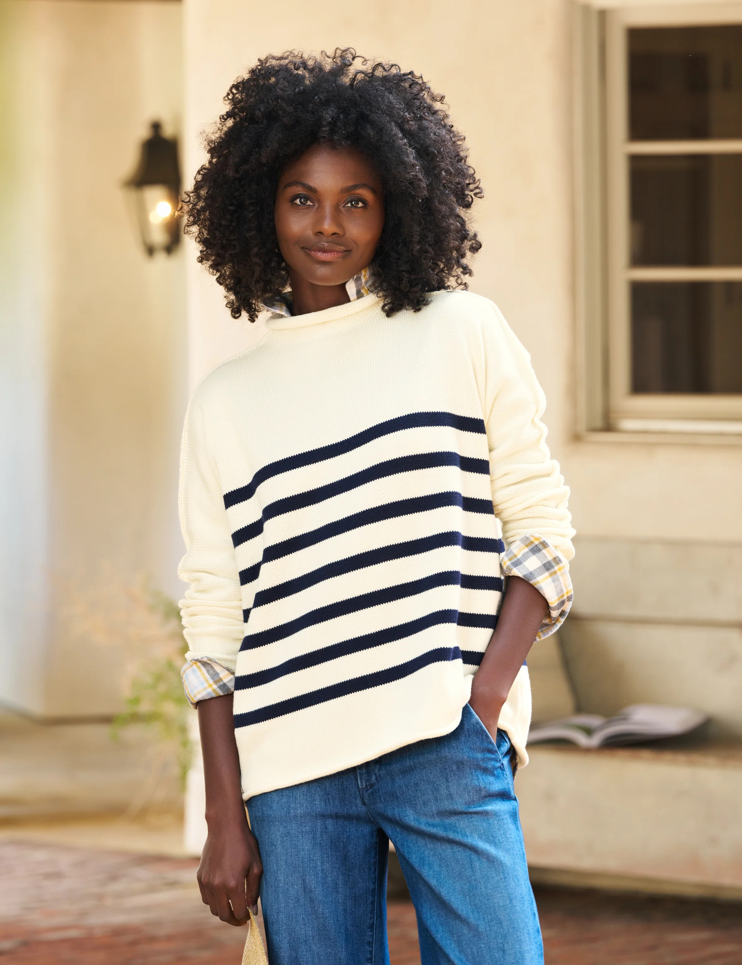 MONTEREY Cream with Navy Stripe, Pure Italian Cotton | Frank & Eileen
