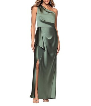 Satin Blouson Side Draping One Shoulder Sleeveless Gown | Dillard's