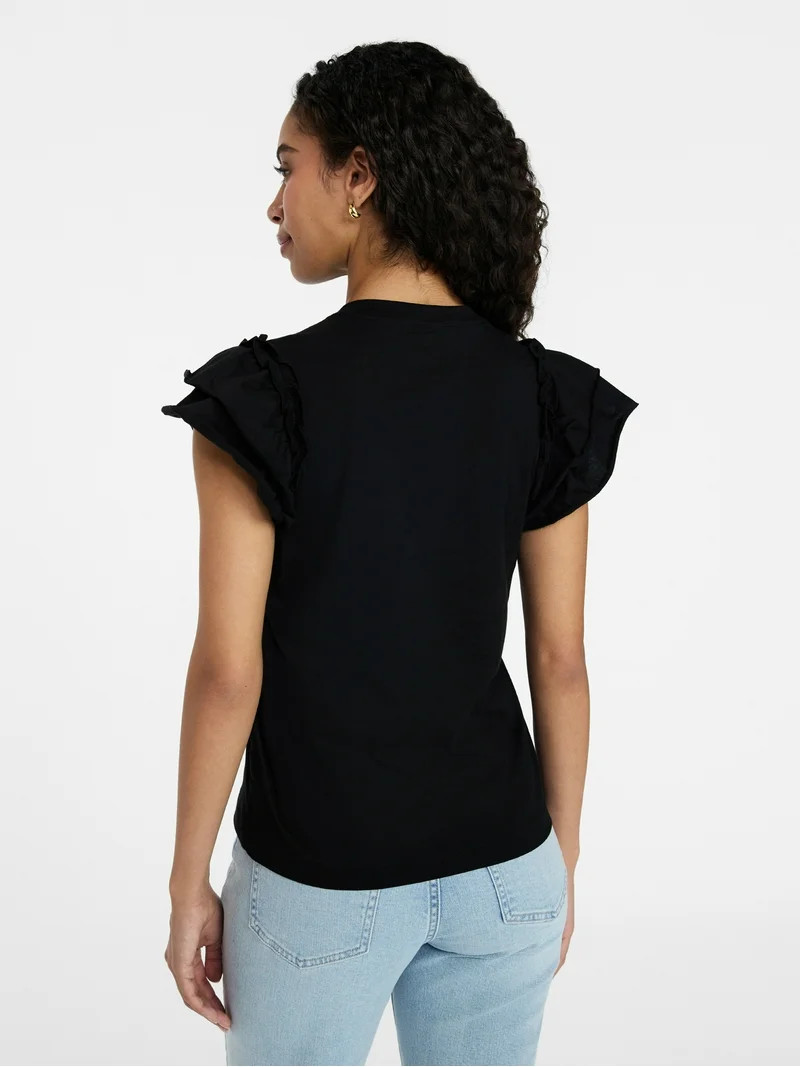 Time and Tru Women's Cotton Crewneck Tee with Ruffle Flutter Sleeves, Sizes XS-XXXL | Walmart (US)