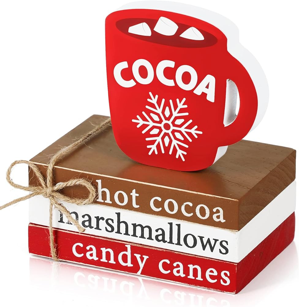 Christmas Wood Decor, Hot Cocoa Decorative Books Stack, Xmas Mini Faux Book Decor for Tiered Tray... | Amazon (US)