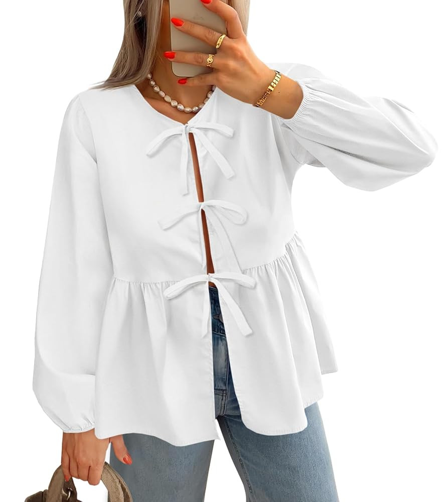 Tankaneo Womens Tie Front Tops Blouses Long Puff Sleeve Peplum Babydoll Bow Shirt Summer Coquette... | Amazon (US)