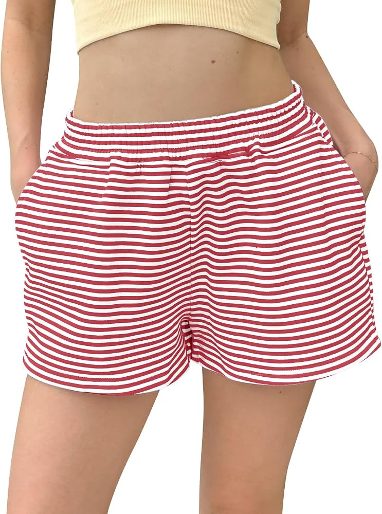 Stripe Sweat Shorts Womens Comfy Elastic Waist Cotton Pajama Shorts | Amazon (US)