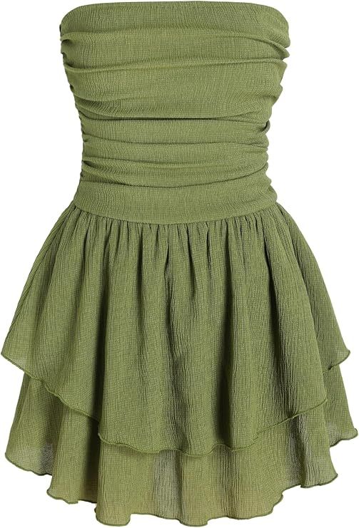 CIDER Women's Summer Cocktail Dress - Tube Ruched Ruffle Mini Dress | Amazon (US)