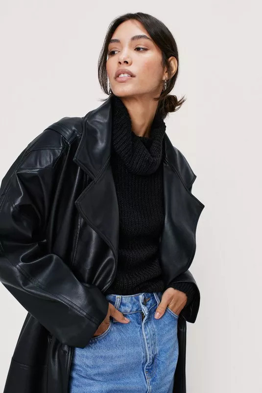 Power Shoulder Belted Faux Leather Mac | Nasty Gal (US)