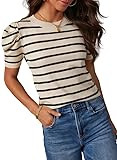 Dokotoo Women's Short Puff Sleeve Knit Tops 2026 Trendy Crewneck Striped T Shirts Casual Summer B... | Amazon (US)