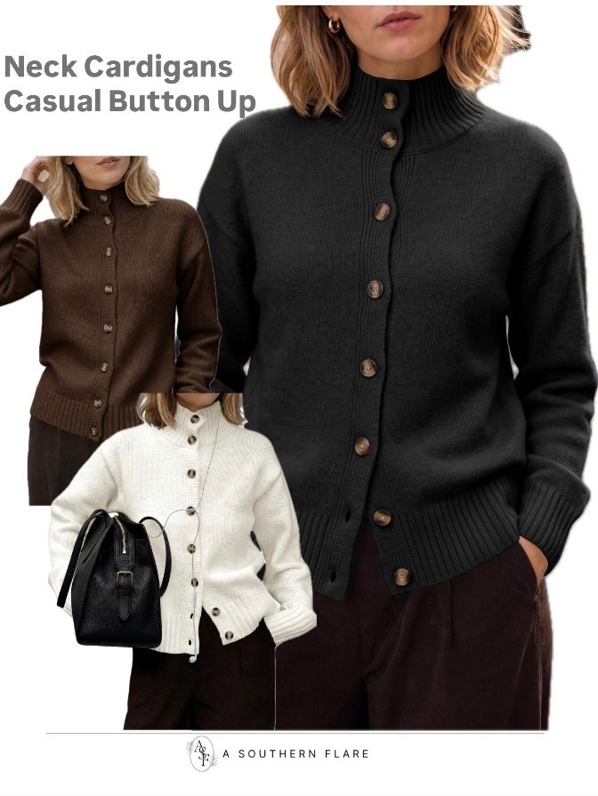 Get cozy with these comfy mock neck cardigans! Perfect for your daily commute. #FallFashion #DailyWear