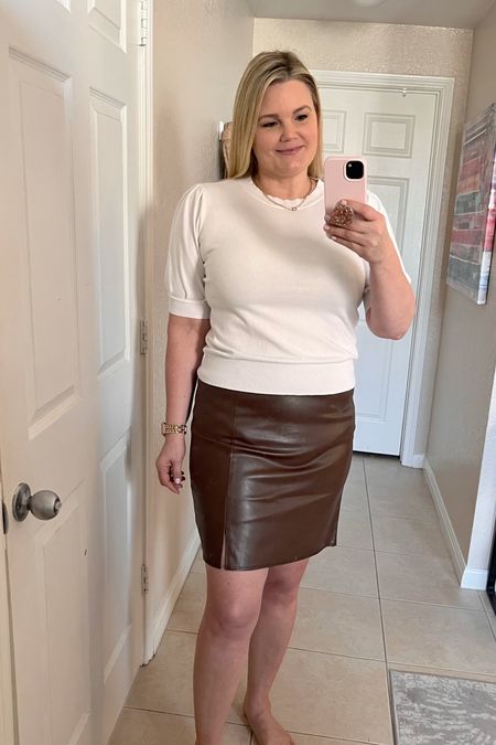 Brown faux leather skirt runs TTS, I’m in the large tall. Fall outfit  

#LTKmidsize #LTKSeasonal #LTKover40
